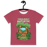 Maroon T-Shirt that says Fabulously Autistic. Design has 3 Giraffe in the forest