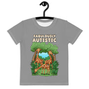 Grey T-Shirt that says Fabulously Autistic. Design has 3 Giraffe in the forest