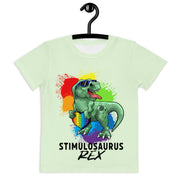 Pink Dino with rainbow puzzle piece heart that says Stimulosaurus Rex. Tshirt for toddler  Girl 2t-7