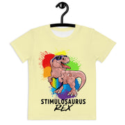 Pink Dino with rainbow puzzle piece heart that says Stimulosaurus Rex. Tshirt for toddler  Girl 2t-7