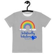 Light Grey Tshirt with Rainbow - Autistically Fabulous with a blue heart