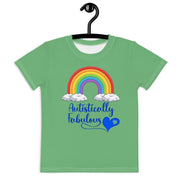 Green Tshirt with Rainbow - Autistically Fabulous with a blue heart