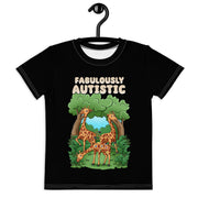 Black T-Shirt that says Fabulously Autistic. Design has 3 Giraffe in the forest