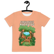 Orange T-Shirt that says Fabulously Autistic. Design has 3 Giraffe in the forest