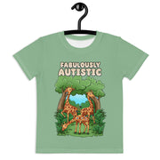 Green T-Shirt that says Fabulously Autistic. Design has 3 Giraffe in the forest