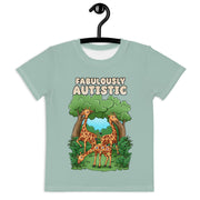 Grey Green T-Shirt that says Fabulously Autistic. Design has 3 Giraffe in the forest