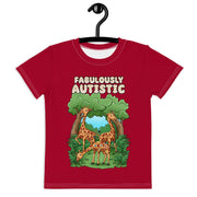 Red T-Shirt that says Fabulously Autistic. Design has 3 Giraffe in the forest
