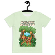 Lime T-Shirt that says Fabulously Autistic. Design has 3 Giraffe in the forest