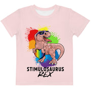 Pink Dino with rainbow puzzle piece heart that says Stimulosaurus Rex. Tshirt for toddler  Girl 2t-7