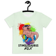 Pink Dino with rainbow puzzle piece heart that says Stimulosaurus Rex. Tshirt for toddler  Girl 2t-7