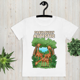 White T-Shirt that says Fabulously Autistic. Design has 3 Giraffe in the forest