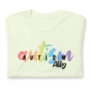 Fitted Tshirt for men and women. Autism ally in rainbow colors. Size X-small to 3XL.