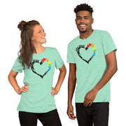 Men and women Heart design with Autism Advocate and rainbow puzzle pieces on heart.